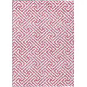 Photo of Pink And Ivory Geometric Washable Indoor Outdoor Area Rug