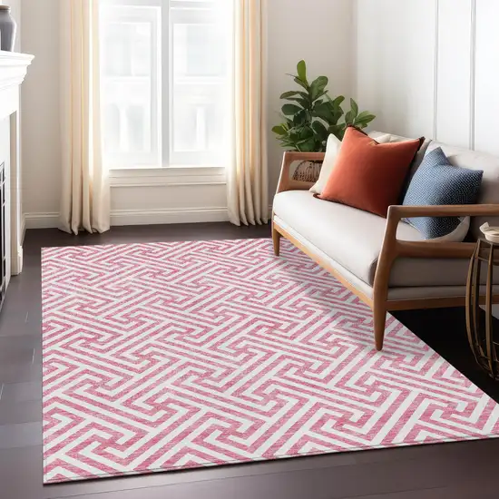 Pink And Ivory Geometric Washable Indoor Outdoor Area Rug Photo 9