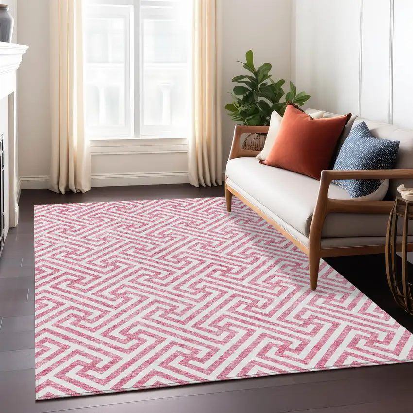 Pink And Ivory Geometric Washable Indoor Outdoor Area Rug Photo 9