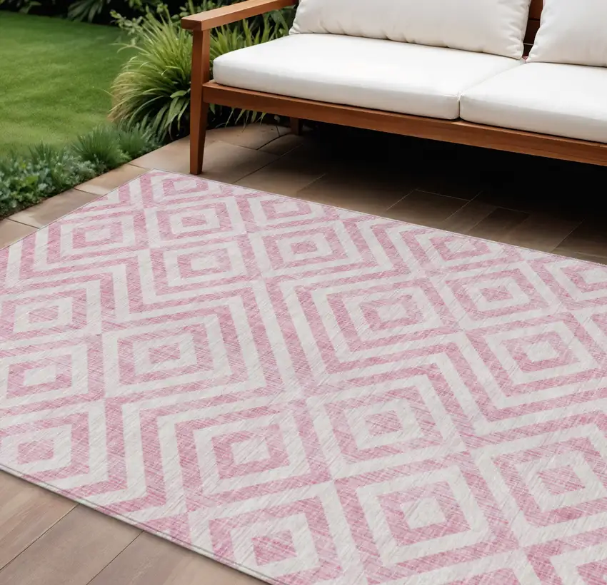 Pink And Ivory Geometric Washable Indoor Outdoor Area Rug Photo 1
