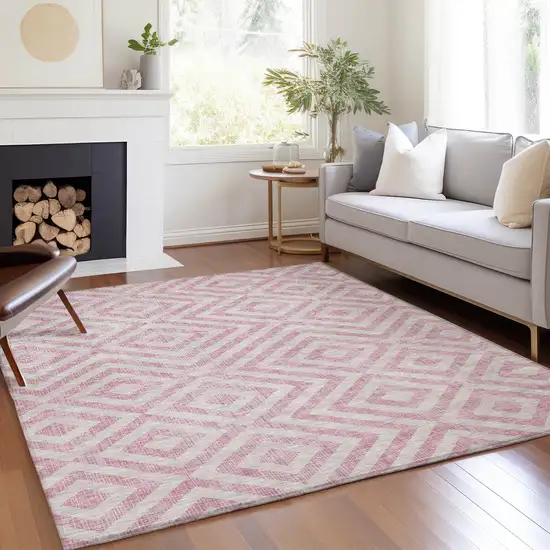Pink And Ivory Geometric Washable Indoor Outdoor Area Rug Photo 8