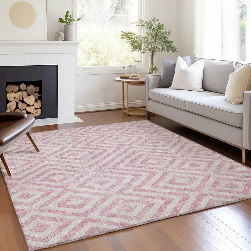 Pink And Ivory Geometric Washable Indoor Outdoor Area Rug Photo 8