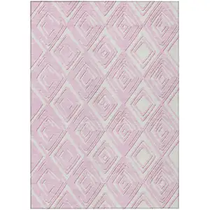 Photo of Pink And Ivory Geometric Washable Indoor Outdoor Area Rug