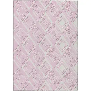 Photo of Pink And Ivory Geometric Washable Indoor Outdoor Area Rug