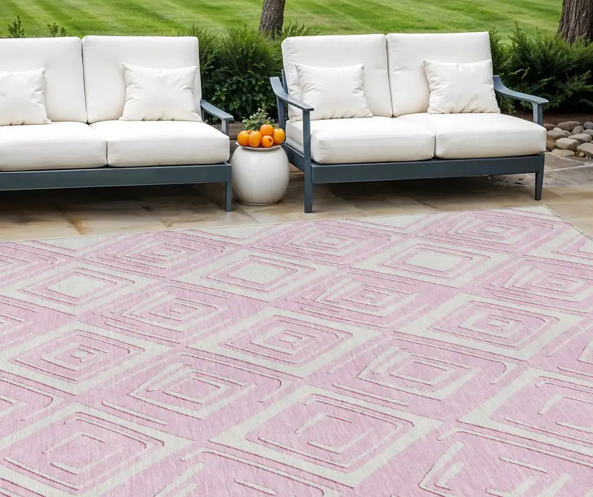 Pink And Ivory Geometric Washable Indoor Outdoor Area Rug Photo 1
