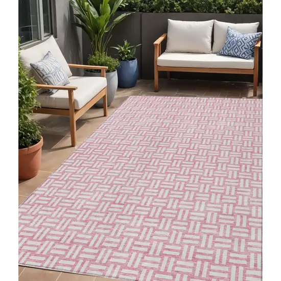 Pink And Ivory Geometric Washable Indoor Outdoor Area Rug Photo 1