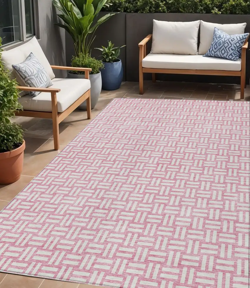 Pink And Ivory Geometric Washable Indoor Outdoor Area Rug Photo 1