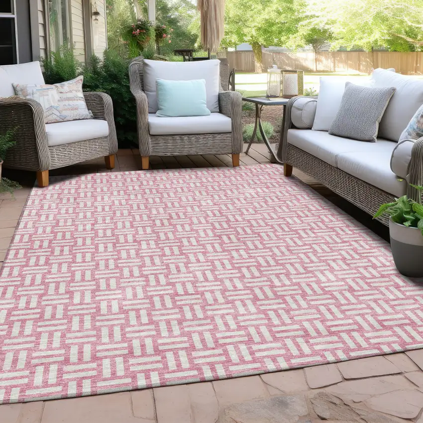 Pink And Ivory Geometric Washable Indoor Outdoor Area Rug Photo 9
