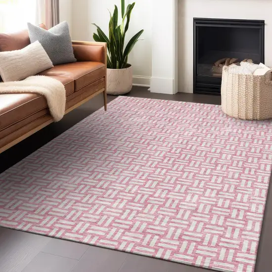 Pink And Ivory Geometric Washable Indoor Outdoor Area Rug Photo 9