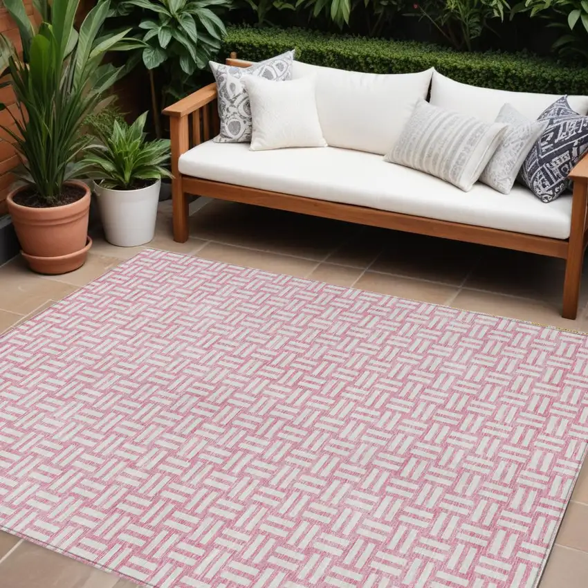 Pink And Ivory Geometric Washable Indoor Outdoor Area Rug Photo 1