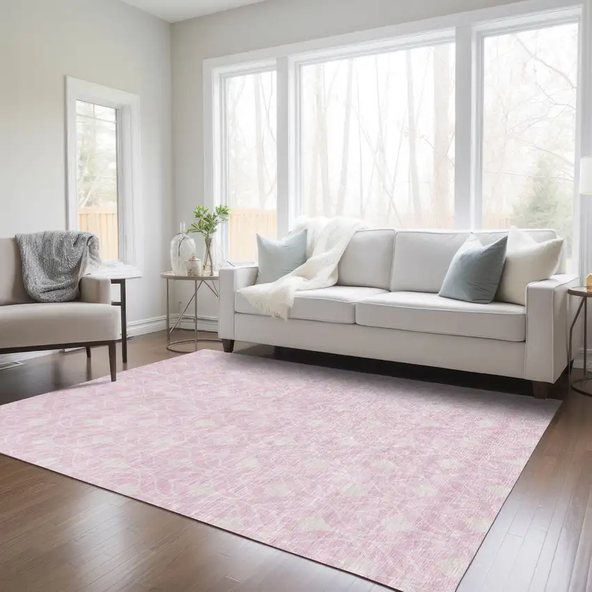 Pink And Ivory Geometric Washable Indoor Outdoor Area Rug Photo 8