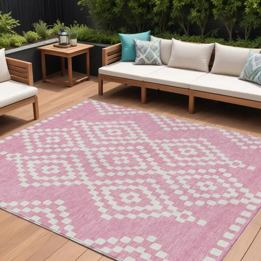Pink And Ivory Geometric Washable Indoor Outdoor Area Rug Photo 1