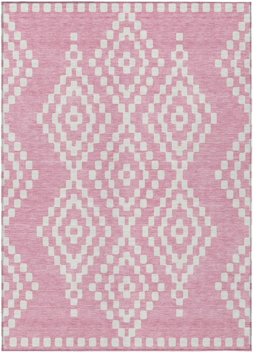 Pink And Ivory Geometric Washable Indoor Outdoor Area Rug Photo 2