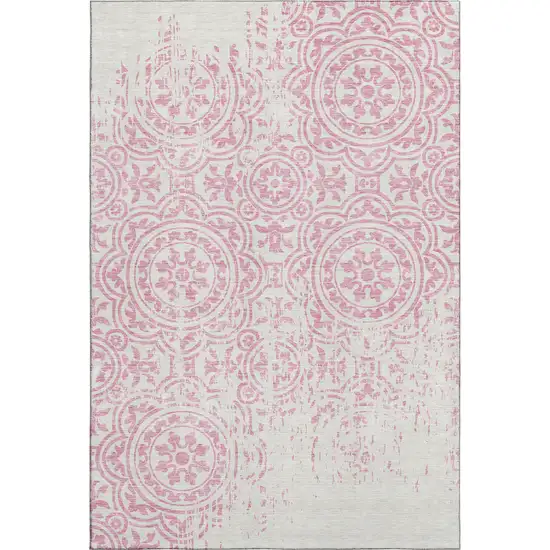 Pink And Ivory Medallion Washable Area Rug With UV Protection Photo 1