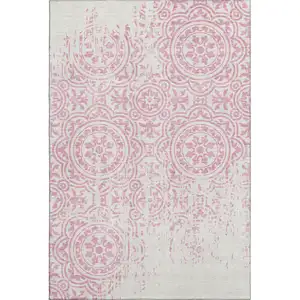 Photo of Pink And Ivory Medallion Washable Area Rug With UV Protection