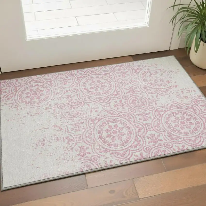 Pink And Ivory Medallion Washable Area Rug With UV Protection Photo 2