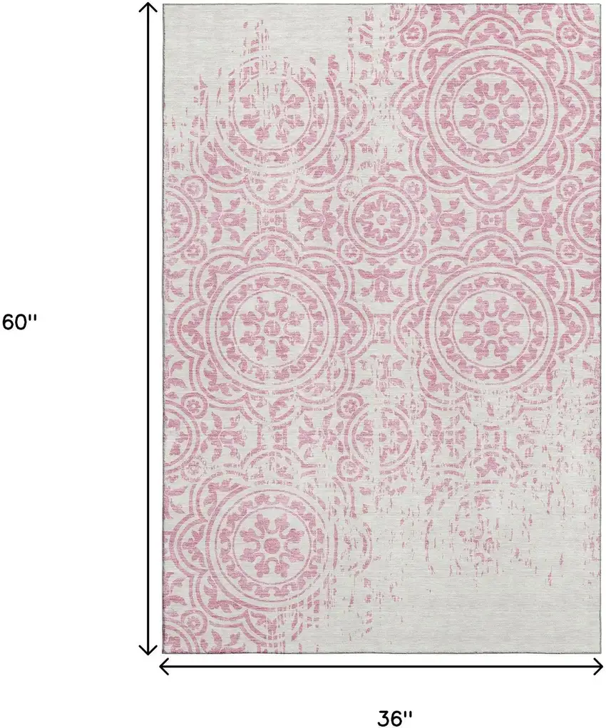 Pink And Ivory Medallion Washable Area Rug With UV Protection Photo 3