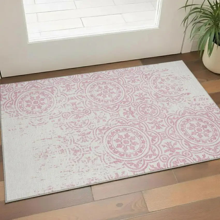 Pink And Ivory Medallion Washable Area Rug With UV Protection Photo 1
