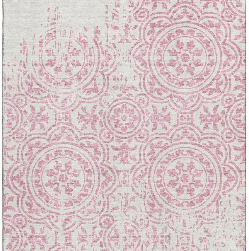 Pink And Ivory Medallion Washable Area Rug With UV Protection Photo 4