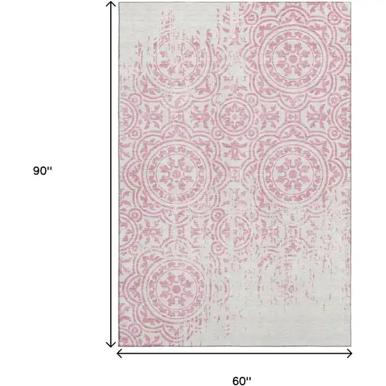 Pink And Ivory Medallion Washable Area Rug With UV Protection Photo 3