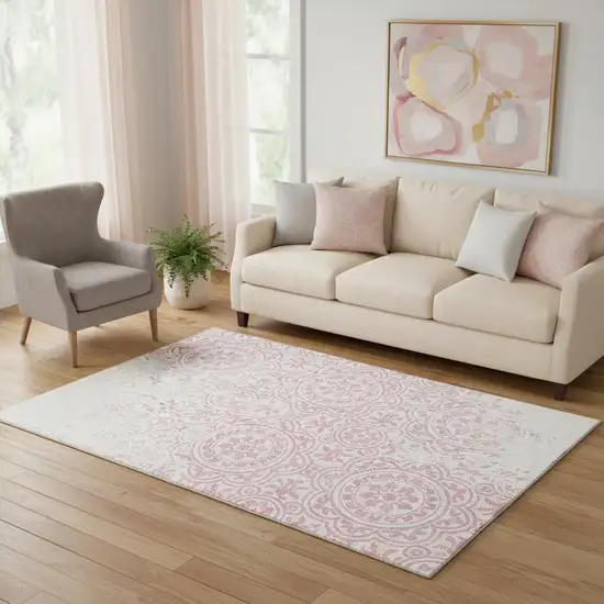 Pink And Ivory Medallion Washable Area Rug With UV Protection Photo 1