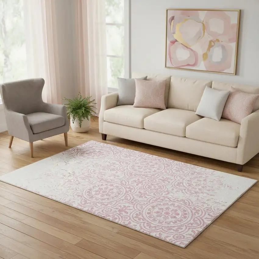 Pink And Ivory Medallion Washable Area Rug With UV Protection Photo 1