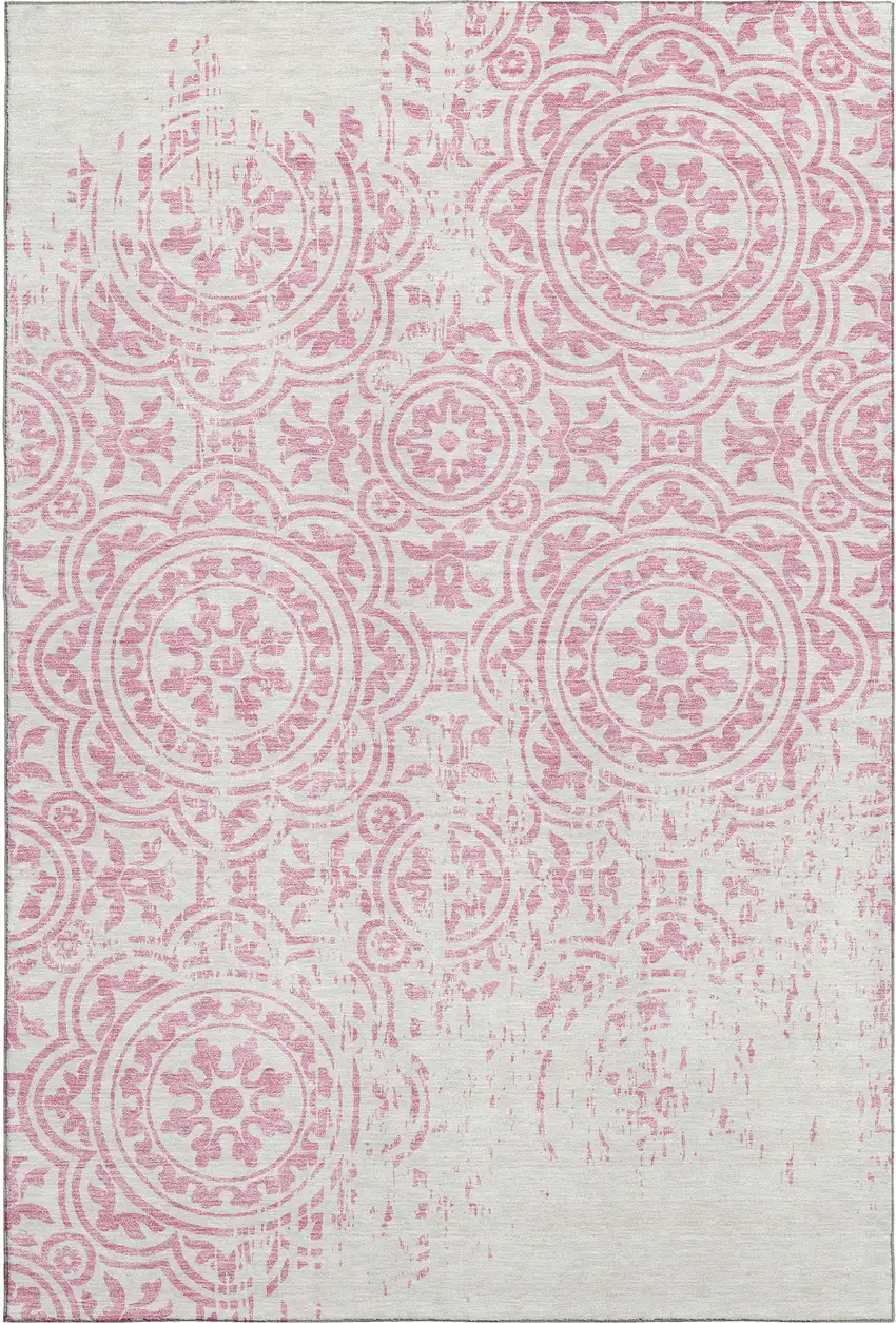 Pink And Ivory Medallion Washable Area Rug With UV Protection Photo 1