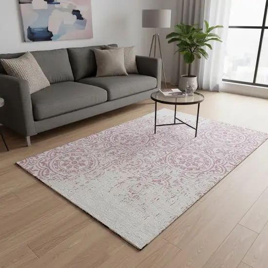 Pink And Ivory Medallion Washable Area Rug With UV Protection Photo 2