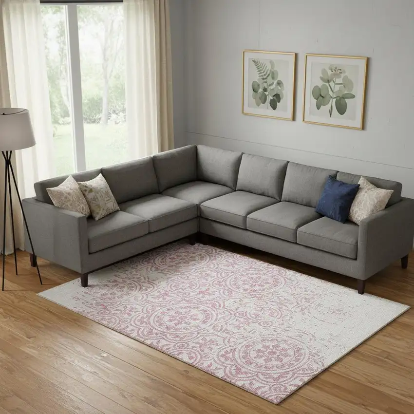 Pink And Ivory Medallion Washable Area Rug With UV Protection Photo 1