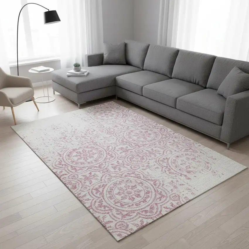 Pink And Ivory Medallion Washable Area Rug With UV Protection Photo 2