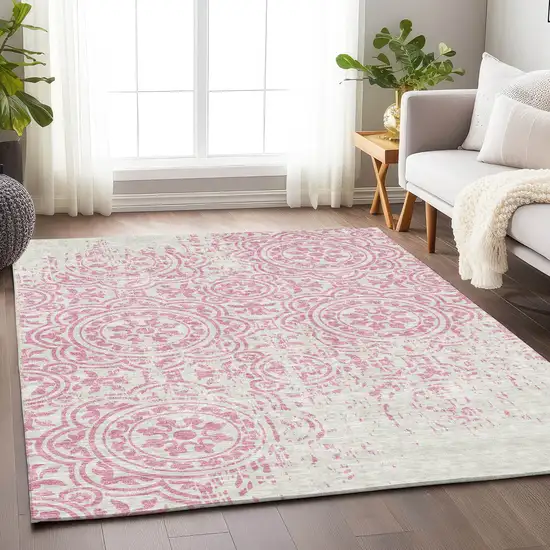 Pink And Ivory Medallion Washable Area Rug With UV Protection Photo 5