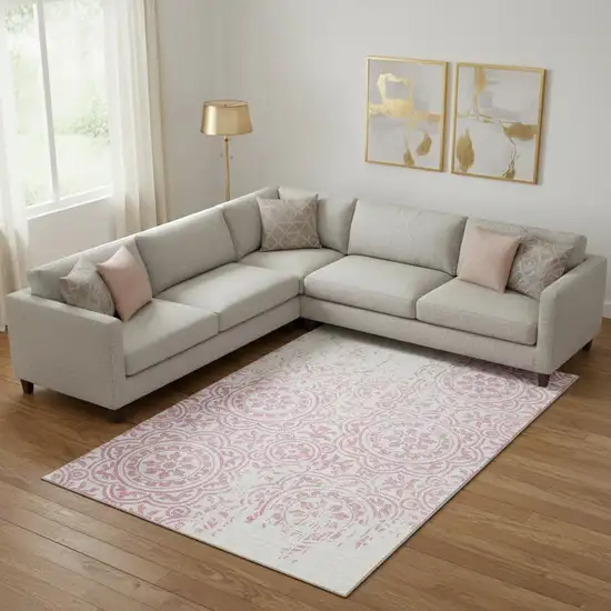 Pink And Ivory Medallion Washable Area Rug With UV Protection Photo 1