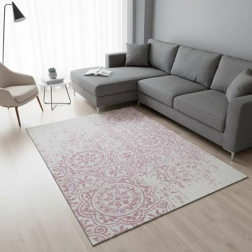 Pink And Ivory Medallion Washable Area Rug With UV Protection Photo 2