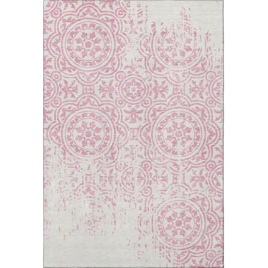 Pink And Ivory Medallion Washable Area Rug With UV Protection Photo 4