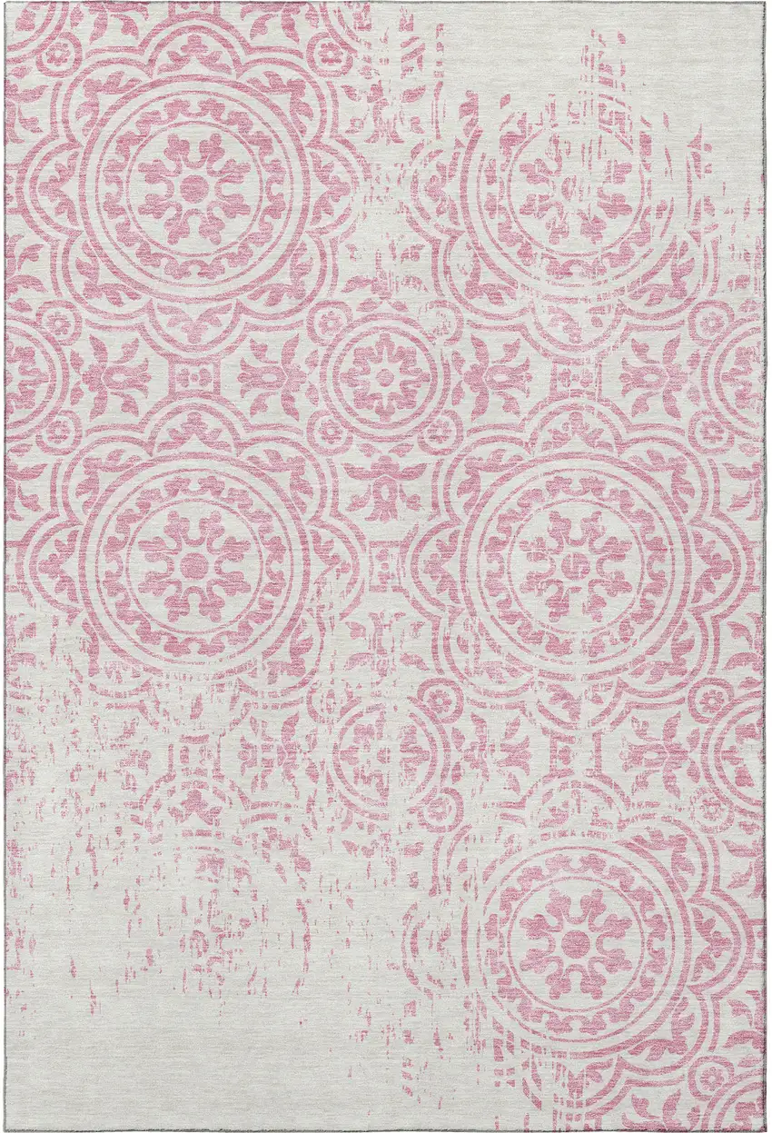 Pink And Ivory Medallion Washable Area Rug With UV Protection Photo 4