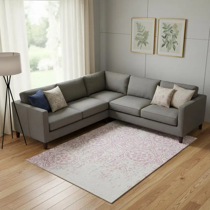 Pink And Ivory Medallion Washable Area Rug With UV Protection Photo 1