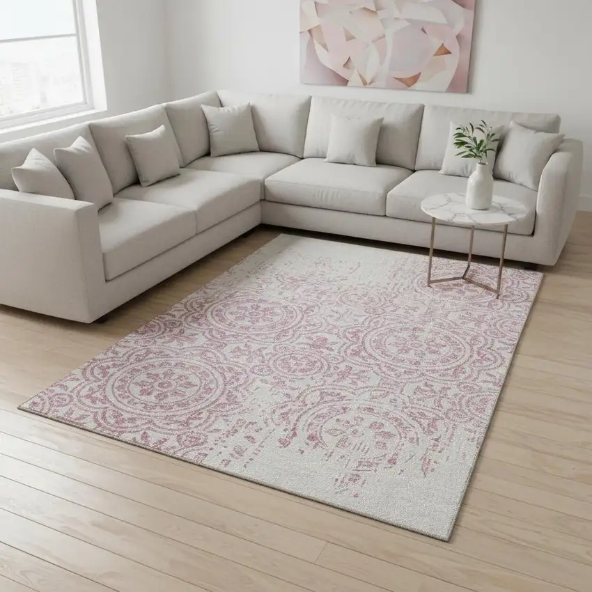Pink And Ivory Medallion Washable Area Rug With UV Protection Photo 2