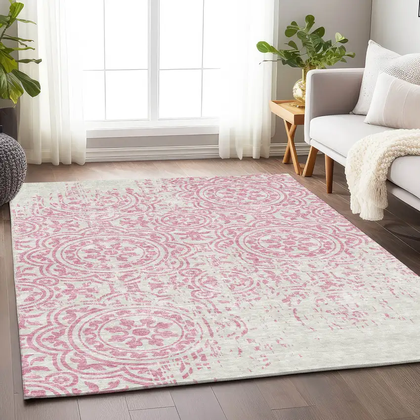 Pink And Ivory Medallion Washable Area Rug With UV Protection Photo 5