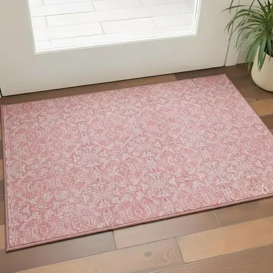 Pink And Ivory Medallion Washable Area Rug With UV Protection Photo 2