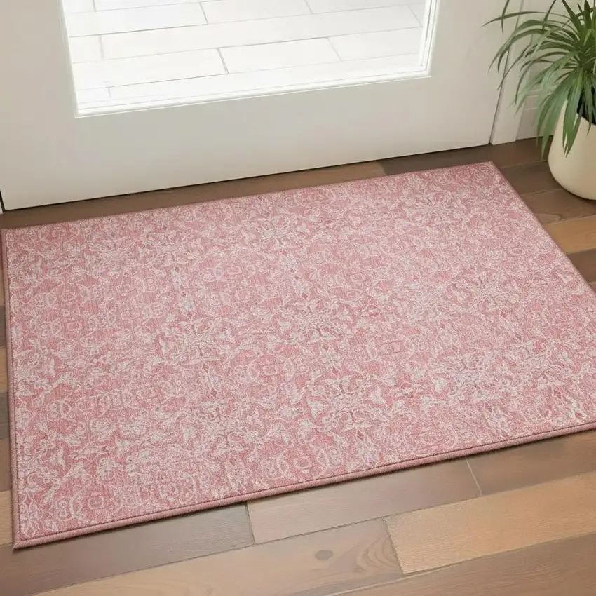 Pink And Ivory Medallion Washable Area Rug With UV Protection Photo 2