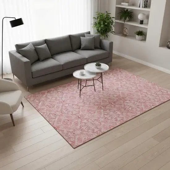 Pink And Ivory Medallion Washable Area Rug With UV Protection Photo 2