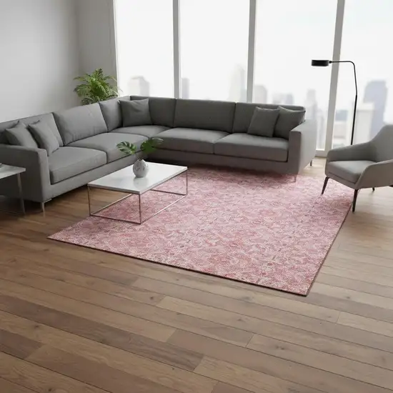 Pink And Ivory Medallion Washable Area Rug With UV Protection Photo 2