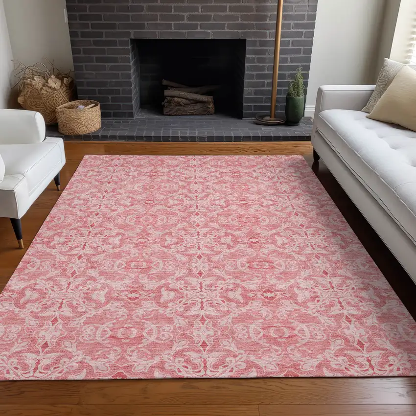 Pink And Ivory Medallion Washable Area Rug With UV Protection Photo 5