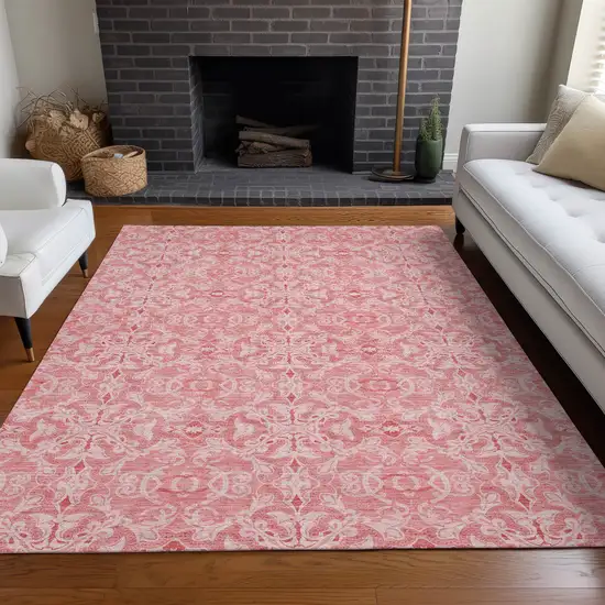Pink And Ivory Medallion Washable Area Rug With UV Protection Photo 5