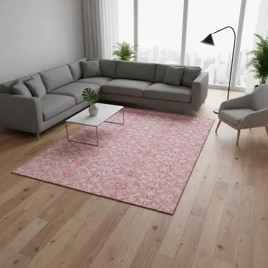 Pink And Ivory Medallion Washable Area Rug With UV Protection Photo 2