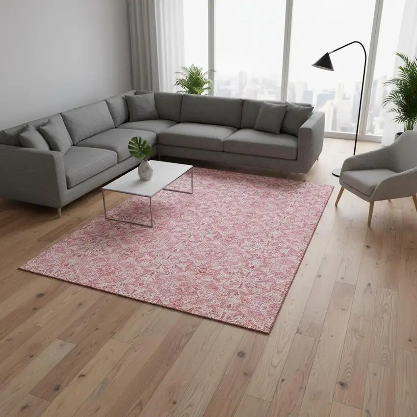 Pink And Ivory Medallion Washable Area Rug With UV Protection Photo 2