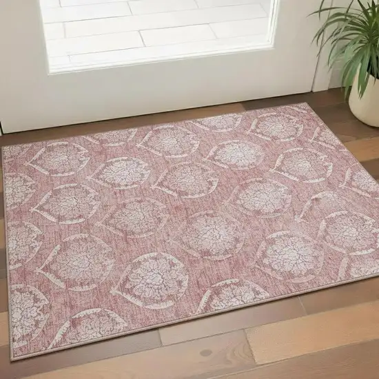 Pink And Ivory Medallion Washable Area Rug With UV Protection Photo 1