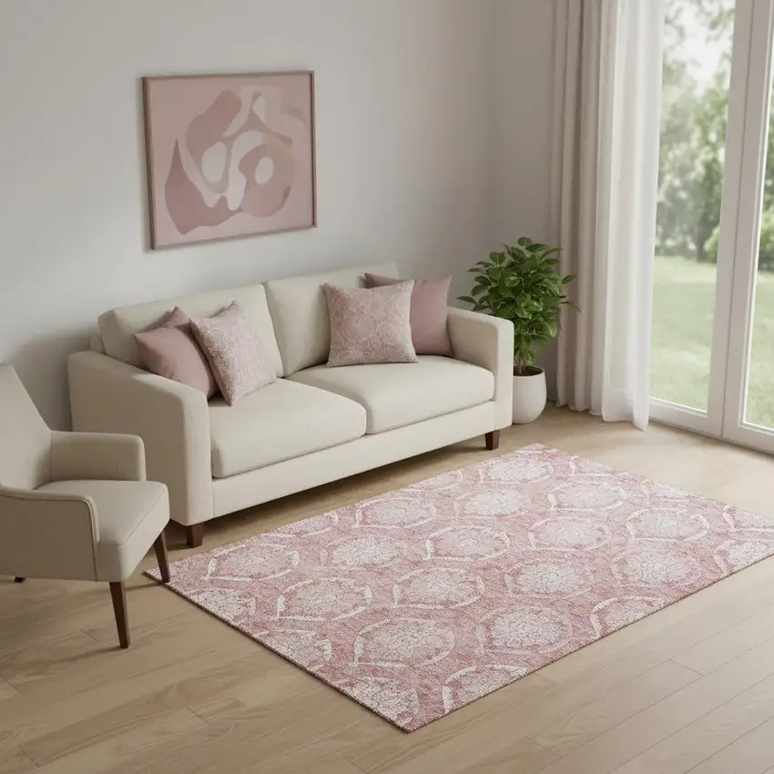Pink And Ivory Medallion Washable Area Rug With UV Protection Photo 1