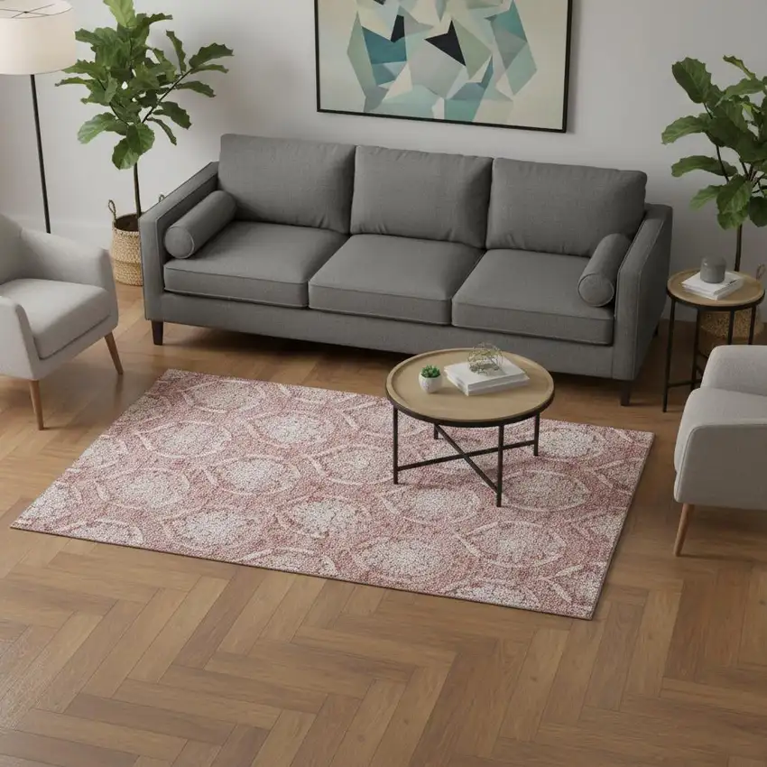 Pink And Ivory Medallion Washable Area Rug With UV Protection Photo 2