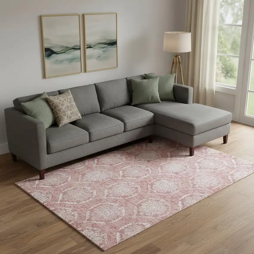 Pink And Ivory Medallion Washable Area Rug With UV Protection Photo 1